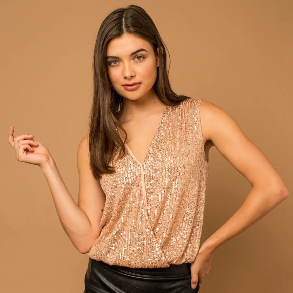 Rose Gold Sequin Sleeveless V-Neck Top | Evening Party Blouse
